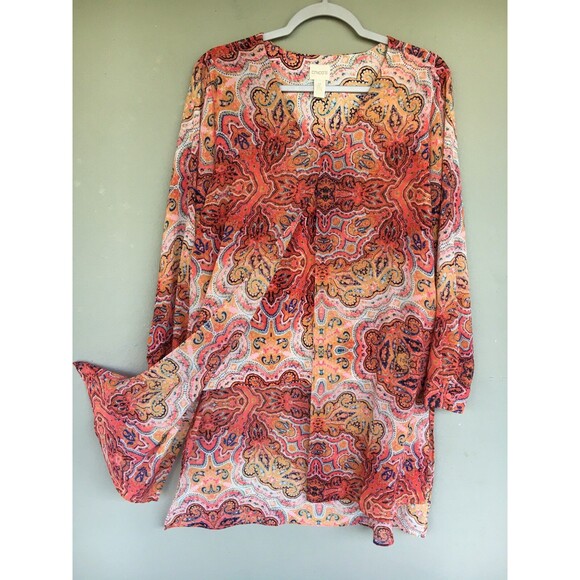 Chico’s Tunic Top 2 L Coral Paisley Light Layer Drapey Coastal Boho Blouse - Picture 2 of 14